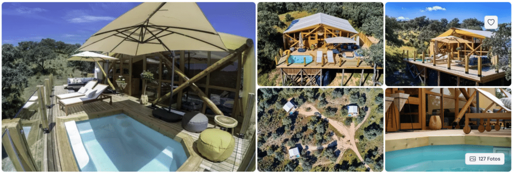 Collage de cabañas de madera con piscina privada en terrazas elevadas, rodeadas de árboles. Las vistas incluyen el exterior, un primer plano del interior, una perspectiva aérea y soleadas zonas de descanso al aire libre.