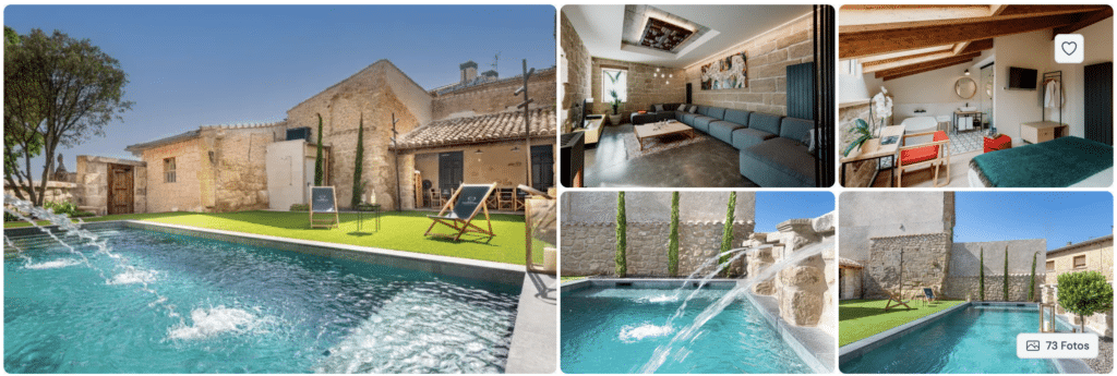 Collage de una villa rústica de piedra con piscina con tumbonas, moderna zona de estar, acogedor dormitorio y patio con fuentes de agua. La villa combina el encanto histórico con las comodidades contemporáneas.