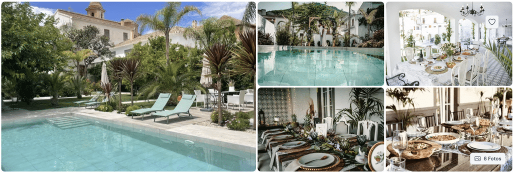 Un collage muestra un soleado patio con una piscina de aguas turquesas, frondosas palmeras, tumbonas, un patio cubierto de enredaderas, mesas de comedor al aire libre con platos y vasos, y elegantes comedores interiores decorados con plantas.