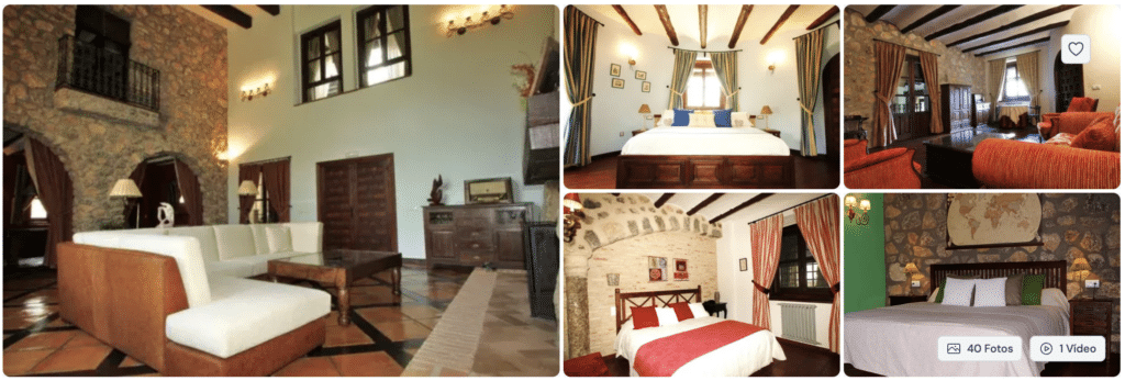 Un collage de acogedoras y rústicas habitaciones de hotel con paredes de piedra, vigas de madera, grandes camas, muebles antiguos y una cálida iluminación, que crean un ambiente confortable y acogedor.