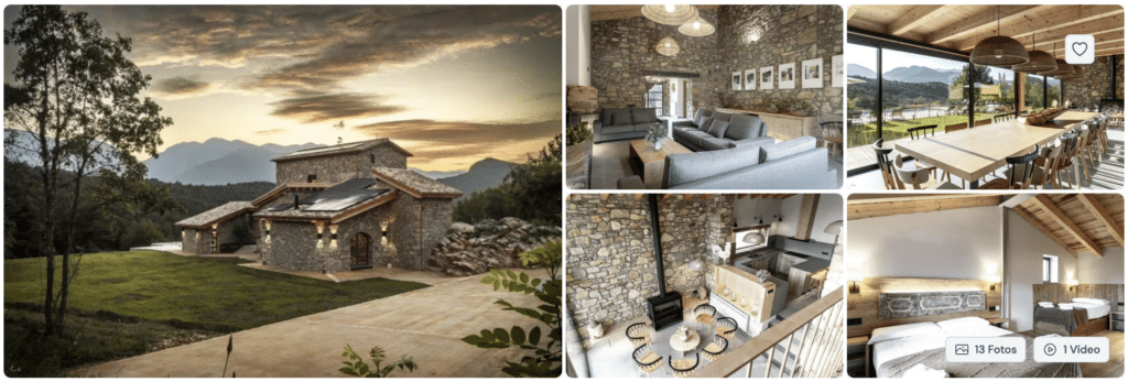 Una casa rústica de piedra en un pintoresco entorno montañoso con interiores modernos y acogedores que incluyen salón, comedor, cocina y dormitorio, mostrados desde varios ángulos.
