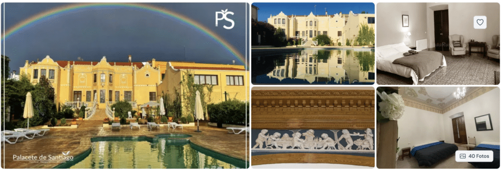 Collage de imágenes que muestran una mansión histórica amarilla con una piscina, un arco iris en lo alto, elegantes detalles interiores, habitaciones amuebladas y molduras ornamentadas, que sugieren un lujoso hotel o finca llamado Palacete de Santiago.