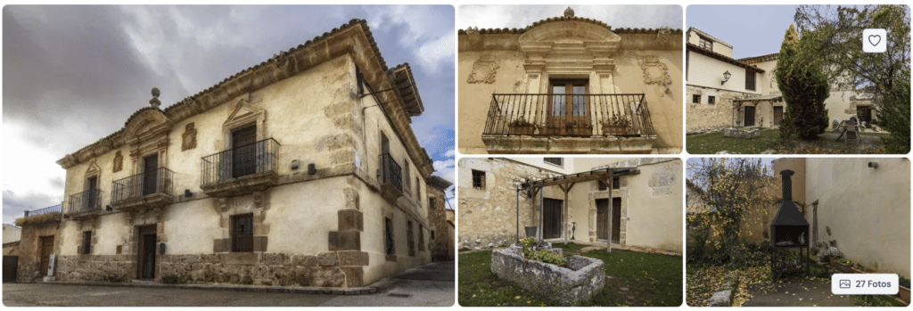 Un collage de imágenes que muestra una histórica casa de piedra con un balcón ornamentado, paredes rústicas, un patio con pérgola, una zona ajardinada y una chimenea exterior bajo los árboles.