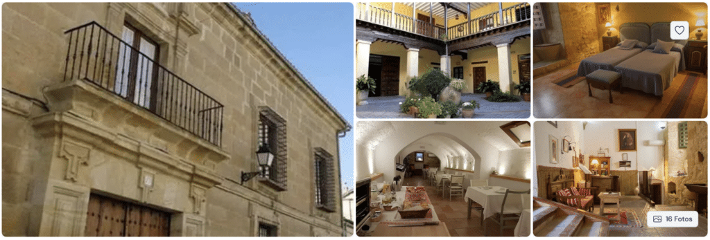 Collage que muestra el exterior de un edificio histórico de piedra, un patio con plantas, un acogedor dormitorio con dos camas individuales, un comedor con techo abovedado y un salón cálidamente decorado con chimenea y asientos.