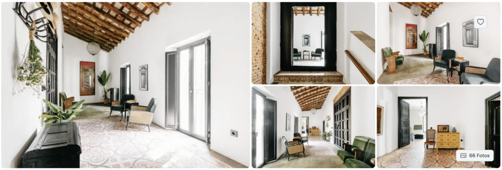 Una luminosa habitación con suelos de baldosas estampadas, paredes blancas, muebles de mimbre, sillas verdes, grandes ventanales y plantas, mostrada desde múltiples ángulos en un collage de cinco imágenes.