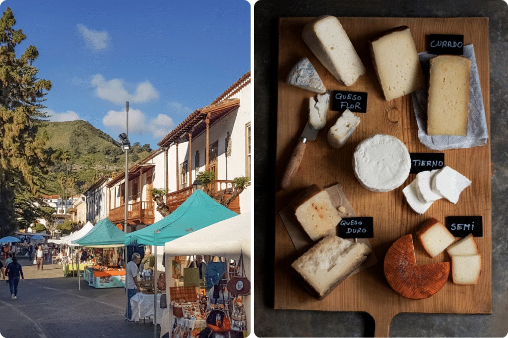Un animado mercado al aire libre con carpas de color turquesa se extiende por una soleada calle de un pueblo de montaña; junto a él, una tabla de madera muestra quesos variados etiquetados como "curado", "queso flor", "duro", "tierno" y "semi".