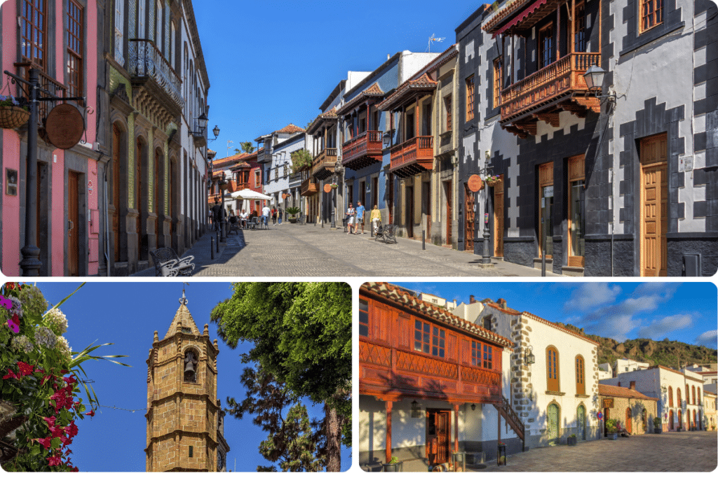 Collage de ciudades insulares españolas: una calle empedrada bordeada de edificios de colores, una torre de iglesia de piedra en medio de la vegetación, y dos escenas de balcones tradicionales de madera contra casas encaladas y de piedra.