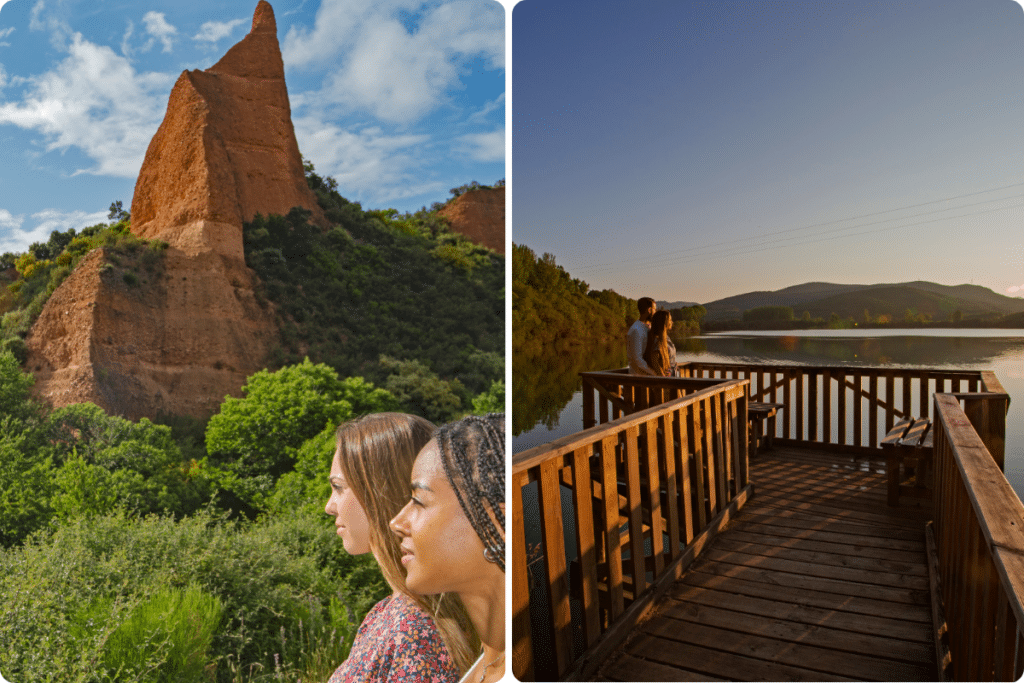 Izquierda: dos mujeres observan una alta formación rocosa rojiza rodeada de vegetación bajo un cielo parcialmente nublado. Derecha: Tres personas de pie sobre una plataforma de madera con vistas a un tranquilo lago al atardecer, con colinas al fondo.