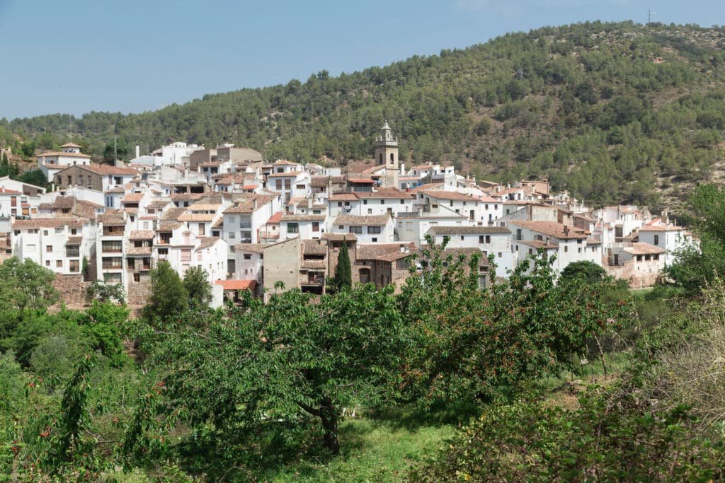 Un pueblecito con edificios blancos y una iglesia con campanario, con las colinas boscosas como telón de fondo y rodeado de vegetación y árboles bajo un cielo parcialmente nublado.