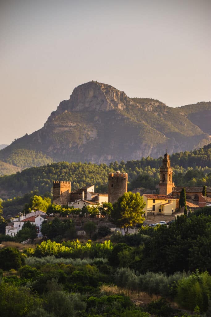 Un pintoresco pueblo con torres de piedra y una iglesia está enclavado entre verdes árboles, con el telón de fondo de una montaña boscosa bajo un cielo brumoso.