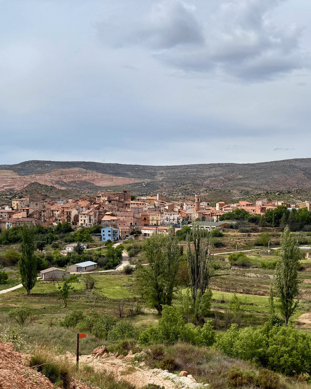Un pequeño pueblo asturiano con edificios de color marrón rojizo y una iglesia prominente está enclavado entre ondulantes colinas verdes bajo un cielo nublado, con árboles y campos dispersos en primer plano.