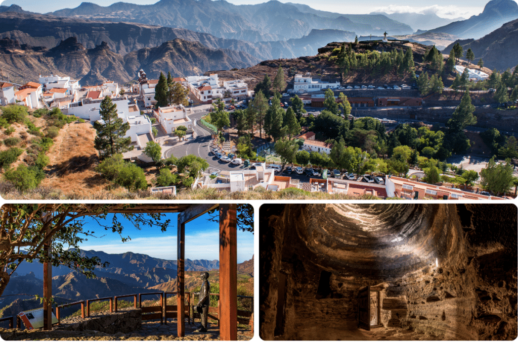 Un pintoresco pueblo de montaña con edificios blancos, exuberante vegetación y espectaculares acantilados, junto a vistas desde un mirador de madera y el interior de una antigua cámara rupestre.