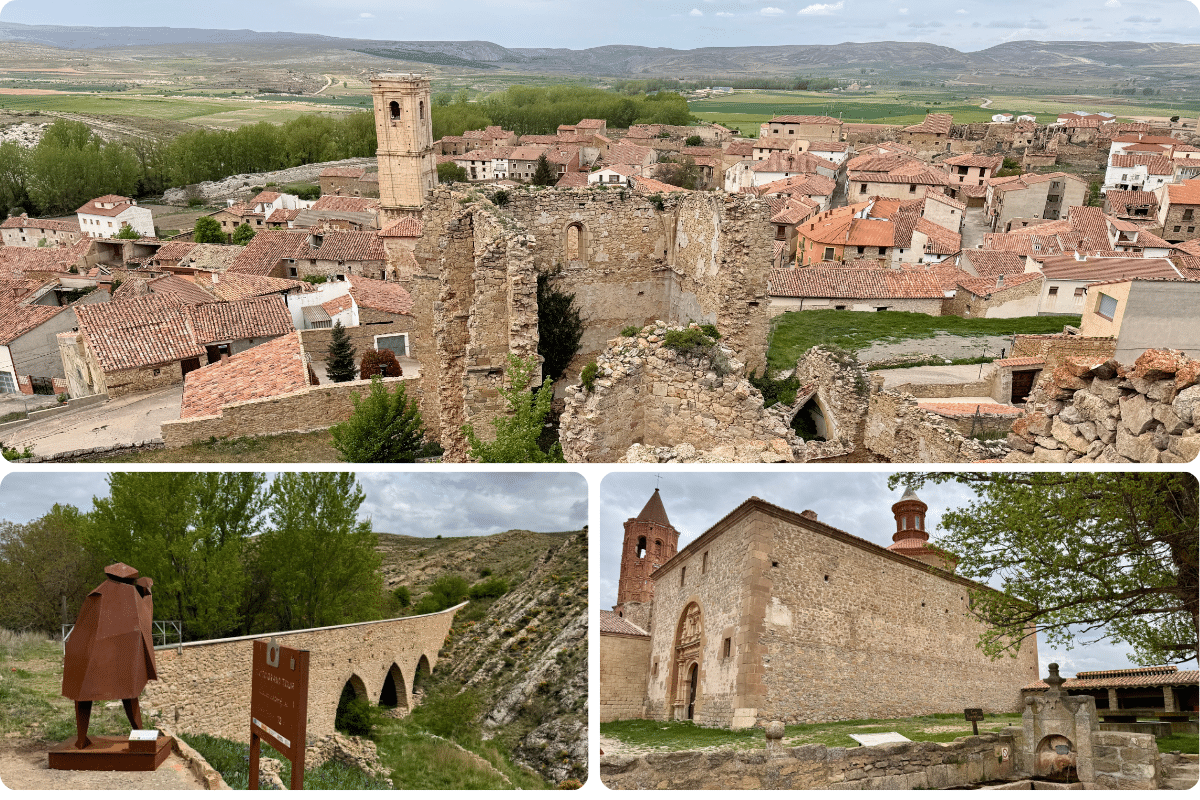 Vista panorámica de un pueblo rústico de Asturias con tejados de tejas rojas y una torre de piedra, más dos imágenes más pequeñas que muestran una antigua iglesia de piedra y una escultura cerca de un puente de piedra arqueado en el paisaje rural.