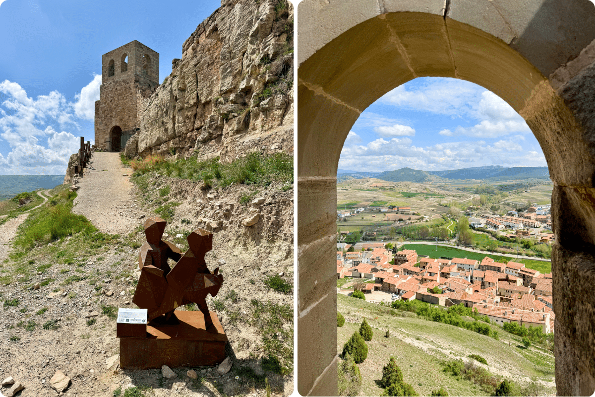 Izquierda: Un camino de piedra en Asturias conduce a la torre de un antiguo castillo en lo alto de una colina rocosa, con una moderna escultura metálica de dos figuras en primer plano. Derecha: Un pueblo de tejados rojos y colinas onduladas visto a través de un arco de piedra.