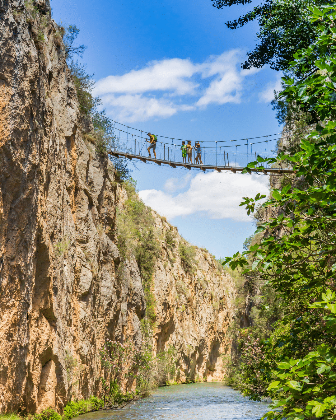 Cuatro personas cruzan un estrecho puente colgante en lo alto de un río que discurre por un cañón rocoso, rodeado de árboles y arbustos verdes bajo un cielo azul brillante con nubes dispersas.