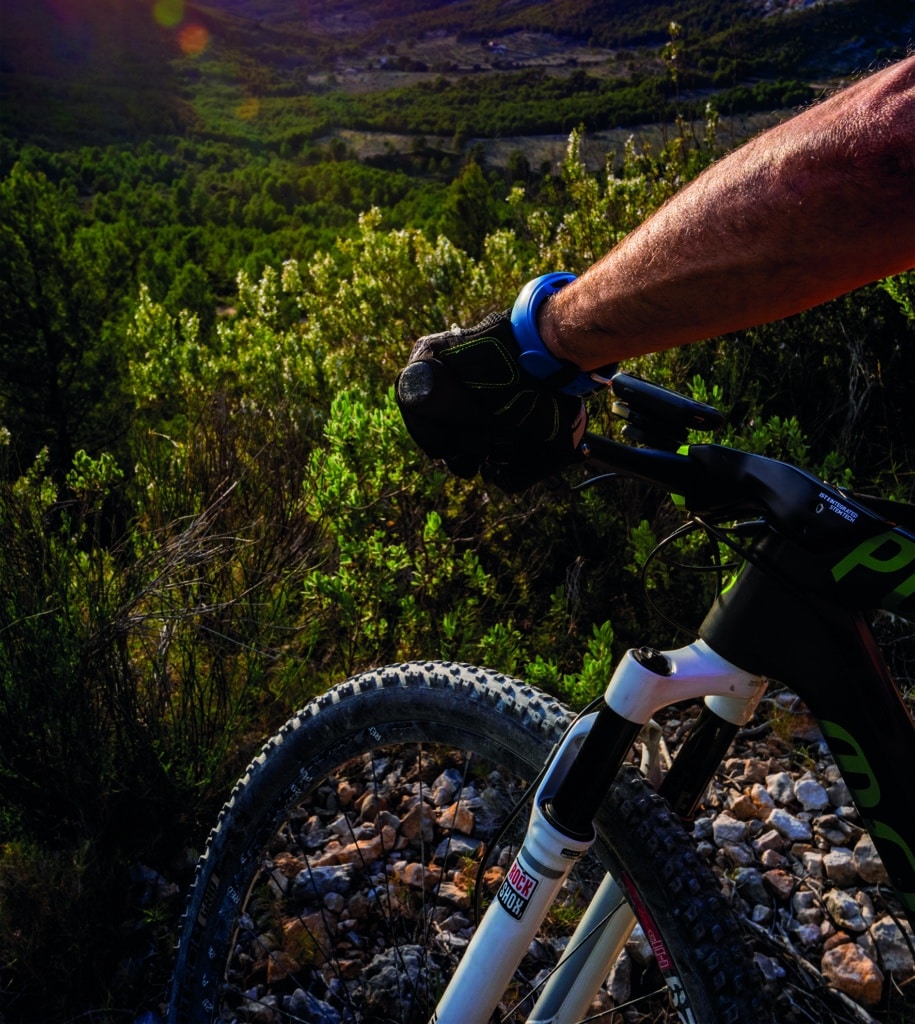 Primer plano de la mano enguantada de un ciclista agarrando el manillar de una bicicleta de montaña, rodeada de terreno rocoso y exuberante follaje verde bajo la brillante luz del sol.