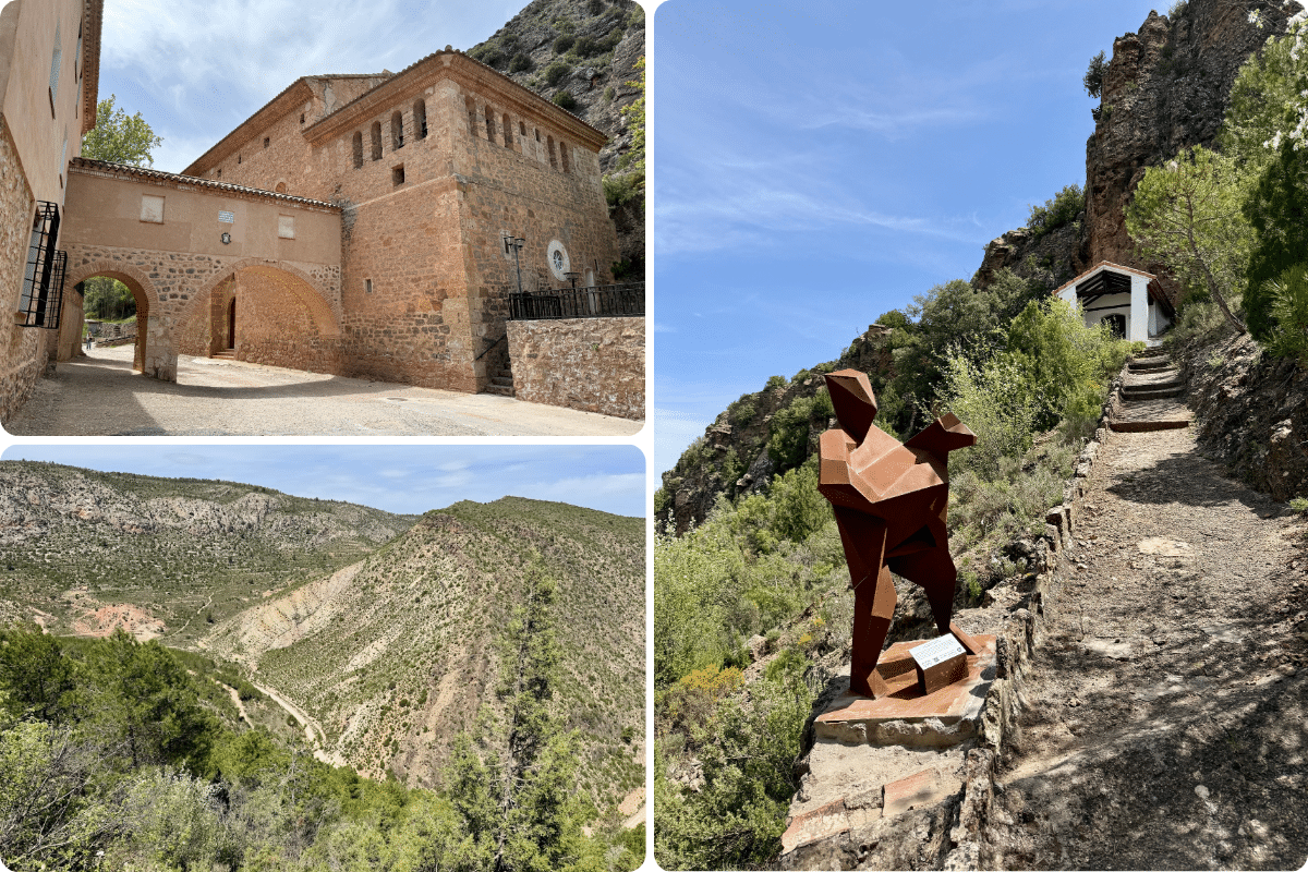 Un collage muestra un edificio de piedra con una entrada arqueada, un verde paisaje de un valle asturiano, una estatua geométrica de metal junto a un camino y una pequeña capilla blanca enclavada en unas colinas rocosas bajo un cielo azul.