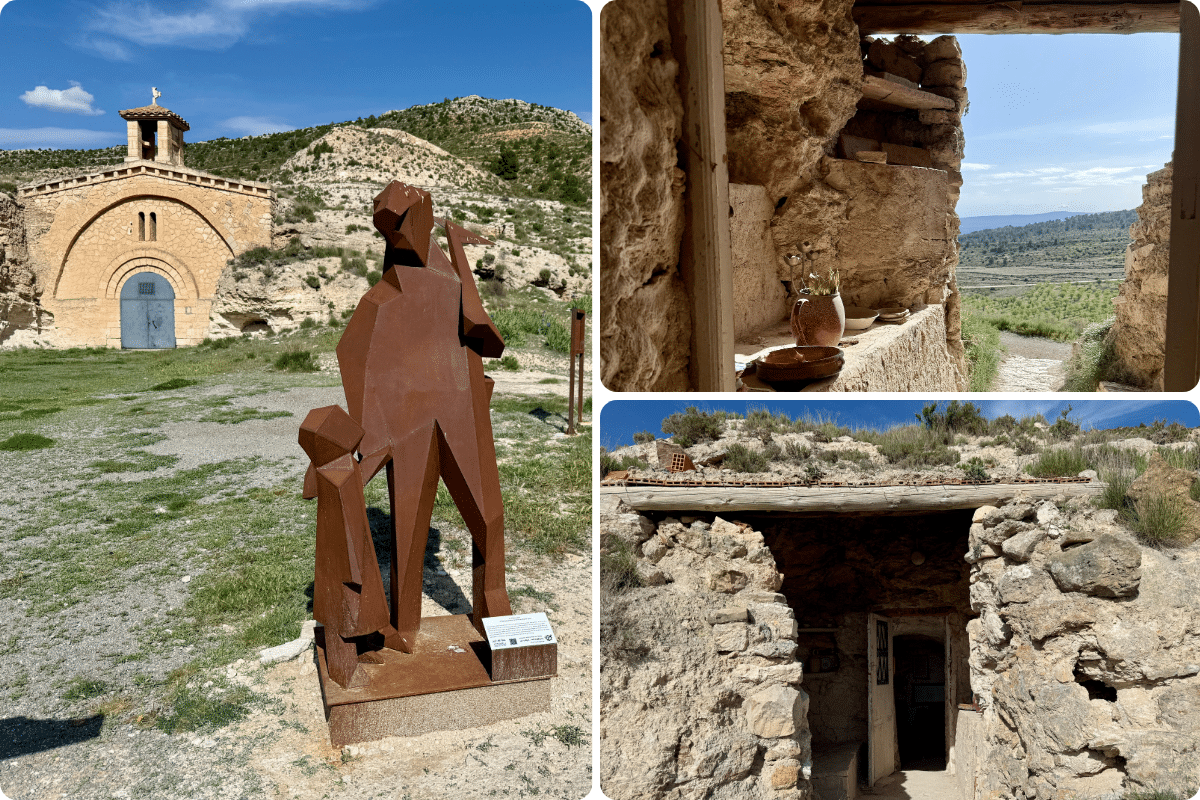 Collage de tres imágenes: izquierda, una estatua moderna de dos figuras de color óxido ante una pequeña capilla de piedra en Asturias; arriba a la derecha, interior de una cueva rústica con cerámica; abajo a la derecha, entrada a una cueva enclavada en un terreno rocoso.