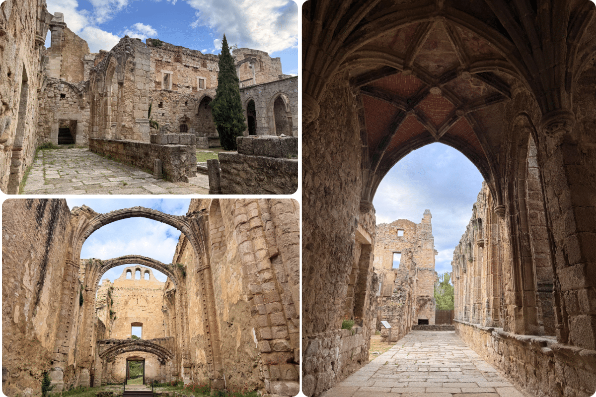 Collage de tres fotos que muestran antiguas ruinas de piedra en Asturias con arcos y techos abovedados bajo un cielo parcialmente nublado; una imagen es un pasillo interior, otra muestra una alta abertura arqueada y otra representa un patio exterior.