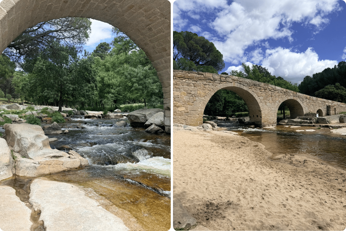 Imagen dividida de un puente de arco de piedra en Asturias sobre un arroyo poco profundo y rocoso rodeado de árboles; el lado izquierdo muestra la vista desde debajo del puente, el lado derecho muestra el puente desde la orilla del río bajo un cielo parcialmente nublado.