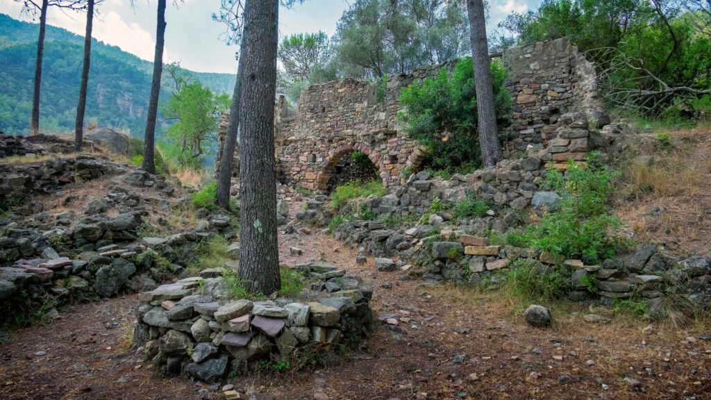 Una vieja ruina de piedra con una puerta arqueada se asienta entre árboles y suelo rocoso en una zona boscosa y montañosa. Arbustos y vegetación crecen alrededor de la antigua estructura bajo un cielo nublado.
