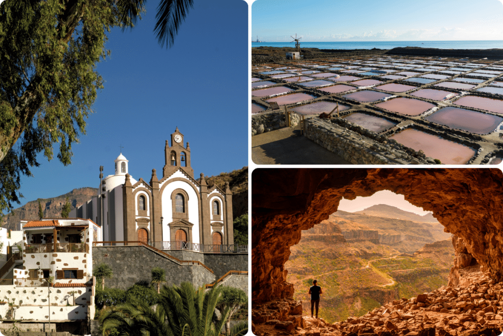 Collage de tres imágenes: una iglesia blanca con una torre de reloj, unas salinas cerca de la costa y una persona de pie a la entrada de una cueva rocosa con vistas a un pintoresco valle.