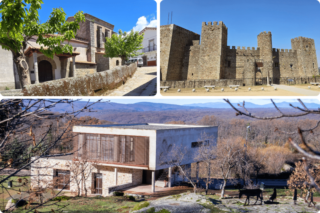 Collage de tres edificios: una iglesia de piedra en una calle empedrada, un castillo medieval de piedra con almenas y una casa moderna de forma rectangular con grandes ventanas, todo ello en un paisaje montañoso y boscoso.