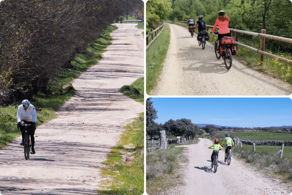 Un collage de tres imágenes muestra a personas montando en bicicleta por pintorescos caminos rurales de tierra: un ciclista va solo, dos adultos pedalean con un niño y un grupo de tres personas pedalea junto a la vegetación y las vallas de madera.