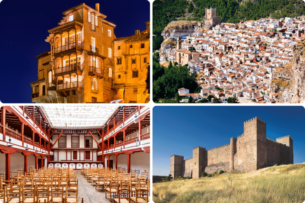 Un collage de cuatro imágenes: un edificio histórico iluminado por la noche, un pueblo situado en lo alto de una colina con un castillo, un teatro con butacas de madera y un gran castillo de piedra bajo un cielo despejado.