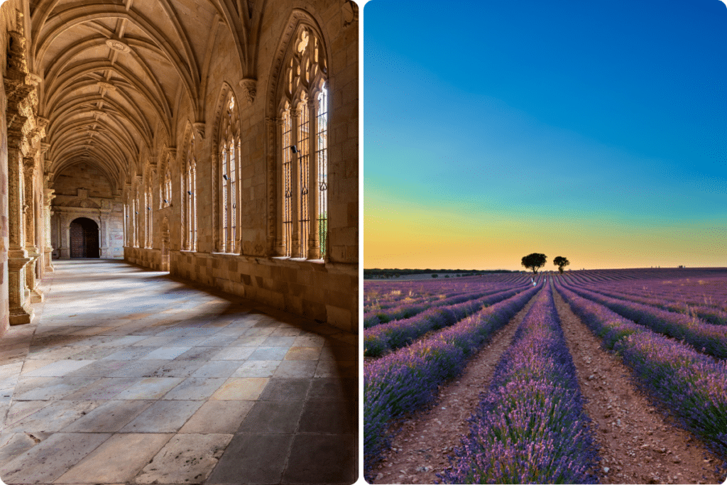 Izquierda: Pasillo de piedra bañado por la luz del sol, con techos abovedados y ventanas altas. Derecha: Campo de lavanda en flor al atardecer, con el cielo despejado y árboles en la lejanía.