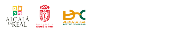 Cuatro logotipos: un castillo estilizado, el texto «Alcalá la Real», un escudo rojo con texto en español, formas abstractas de color naranja y verde que forman las letras «DC», y el texto «Alcalá la Real Destino de Calidad» en verde y naranja.