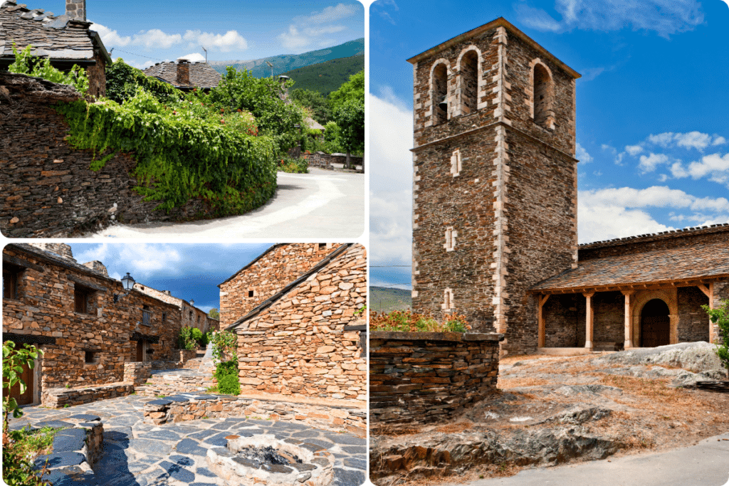 Collage de edificios rústicos de piedra en un pueblo de montaña, en el que destacan los estrechos callejones empedrados, las enredaderas verdes y una iglesia de piedra con un campanario que se alza bajo un cielo azul brillante.