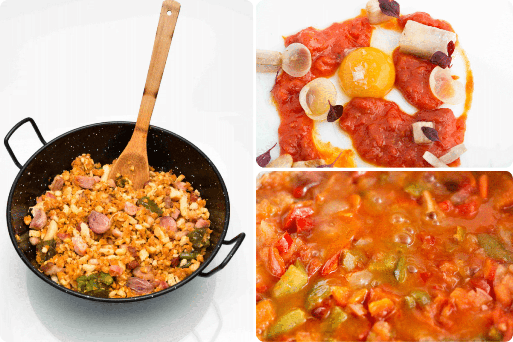 Tres platos de estilo español: una bandeja de migas con salchichas y verduras, un primer plano de un pisto manchego y un plato emplatado con yema de huevo, salsa de tomate y guarnición de verduras.