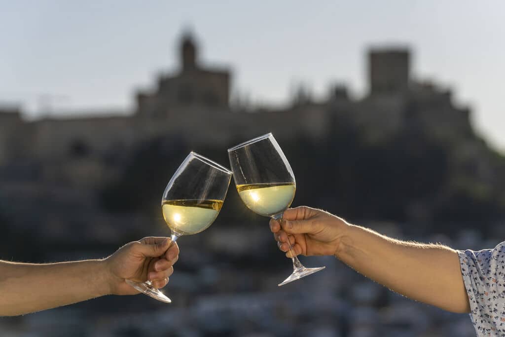 Dos manos que hacen tintinear unas copas llenas de vino blanco, con un edificio histórico difuminado y un cielo azul al fondo.