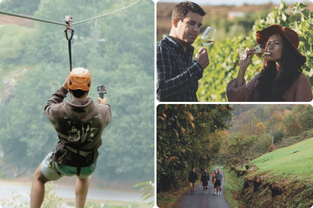Una persona haciendo tirolina, un hombre y una mujer catando vino en un viñedo y un grupo de personas paseando por un sendero panorámico rodeado de árboles.