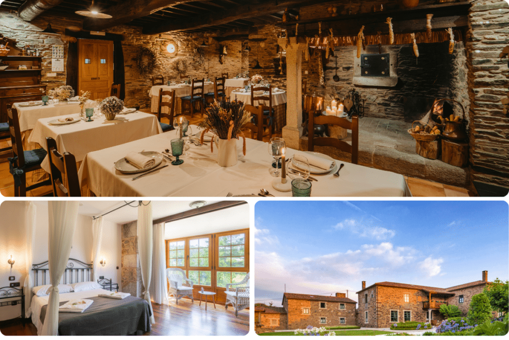 Un restaurante rústico con paredes de piedra, una acogedora habitación con cama con dosel y grandes ventanales, y una vista exterior de una casa tradicional de piedra al atardecer.