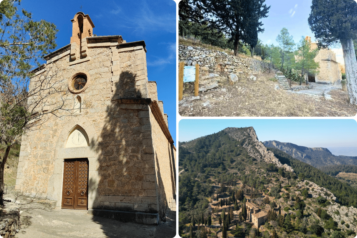 Una iglesia de piedra con una puerta en arco, un sendero rocoso flanqueado por árboles y muros, y una vista aérea lejana de unos edificios enclavados en un terreno montañoso y verde en un día despejado.