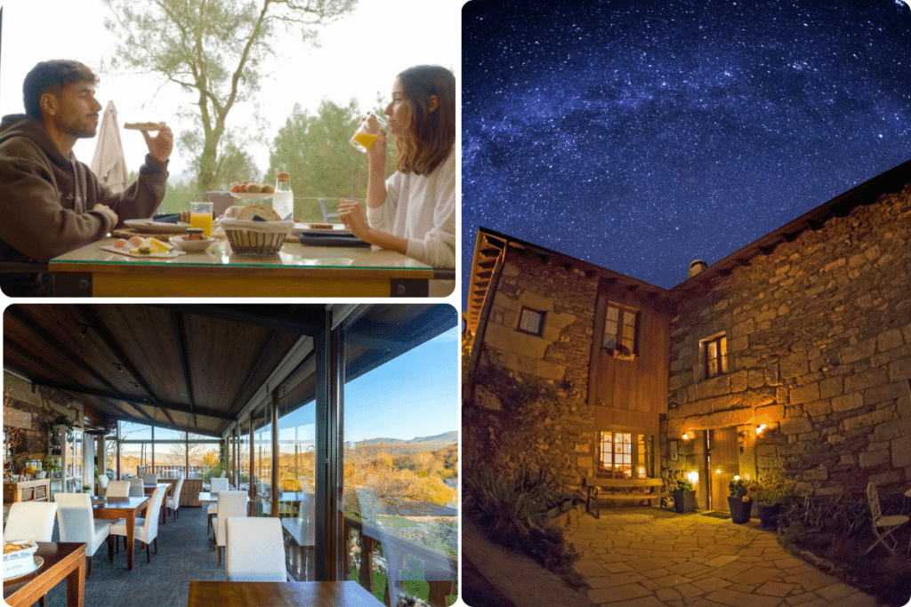 Un collage en el que se ve a una pareja desayunando al aire libre, un restaurante vacío con grandes ventanales y una casa rústica de piedra por la noche bajo un cielo estrellado.