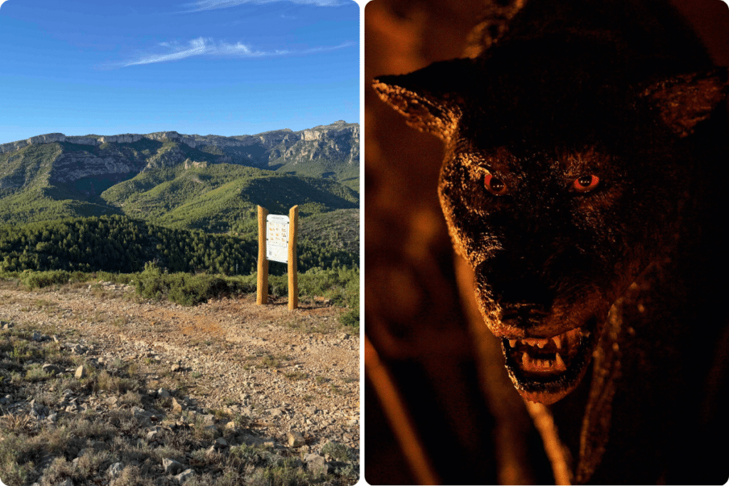 Izquierda: Vista panorámica de una cordillera con una señal indicadora en primer plano. Derecha: Primer plano de un lobo negro que gruñe, con los ojos rojos brillantes en la penumbra.