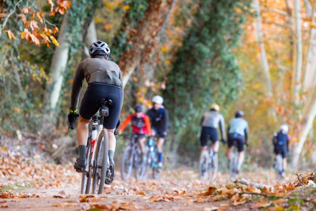 Un grupo de ciclistas recorre un sendero cubierto de hojas a través de un bosque otoñal, con árboles teñidos de los colores del otoño y ciclistas difuminados al fondo.