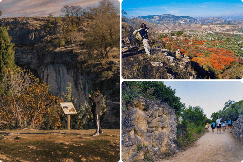 Un collage muestra a unos excursionistas explorando paisajes rocosos, a una persona leyendo un panel informativo, a un grupo recorriendo un sendero junto a antiguas grabaciones rupestres y a gente contemplando un colorido paisaje otoñal.