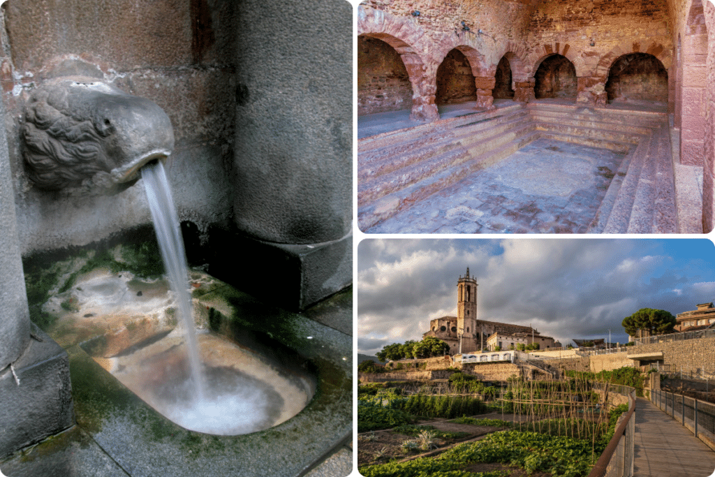 Collage en el que se ven una fuente con una cabeza de león de piedra, unas antiguas termas con arcos y una iglesia con vistas a un jardín y un paseo.