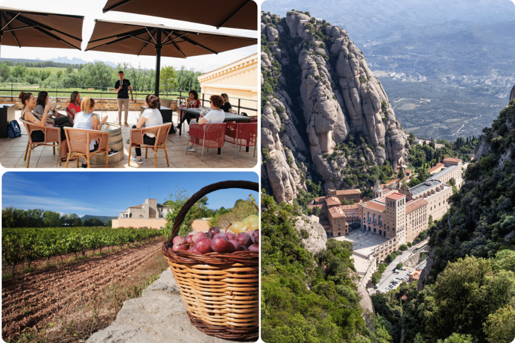 Un collage en el que aparecen personas degustando vino en una terraza soleada, una cesta de uvas con vistas a un viñedo y el monasterio de Montserrat enclavado entre las montañas.