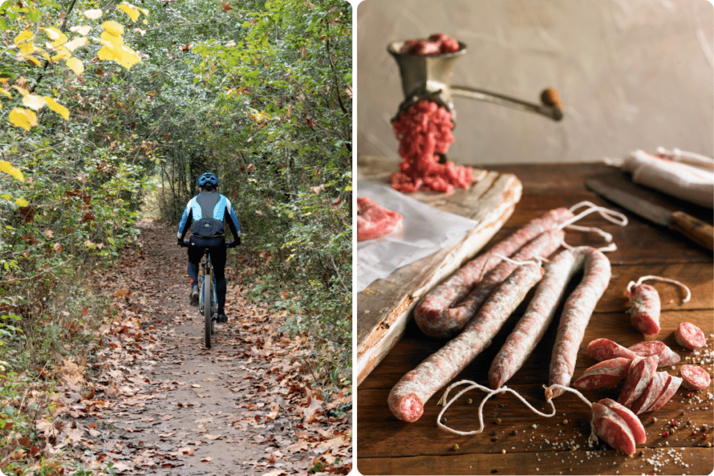 Una imagen dividida en la que se ve a un ciclista de montaña en un sendero forestal cubierto de hojas, junto a una mesa de madera con salchichas caseras, carne cortada en lonchas y una picadora de carne.