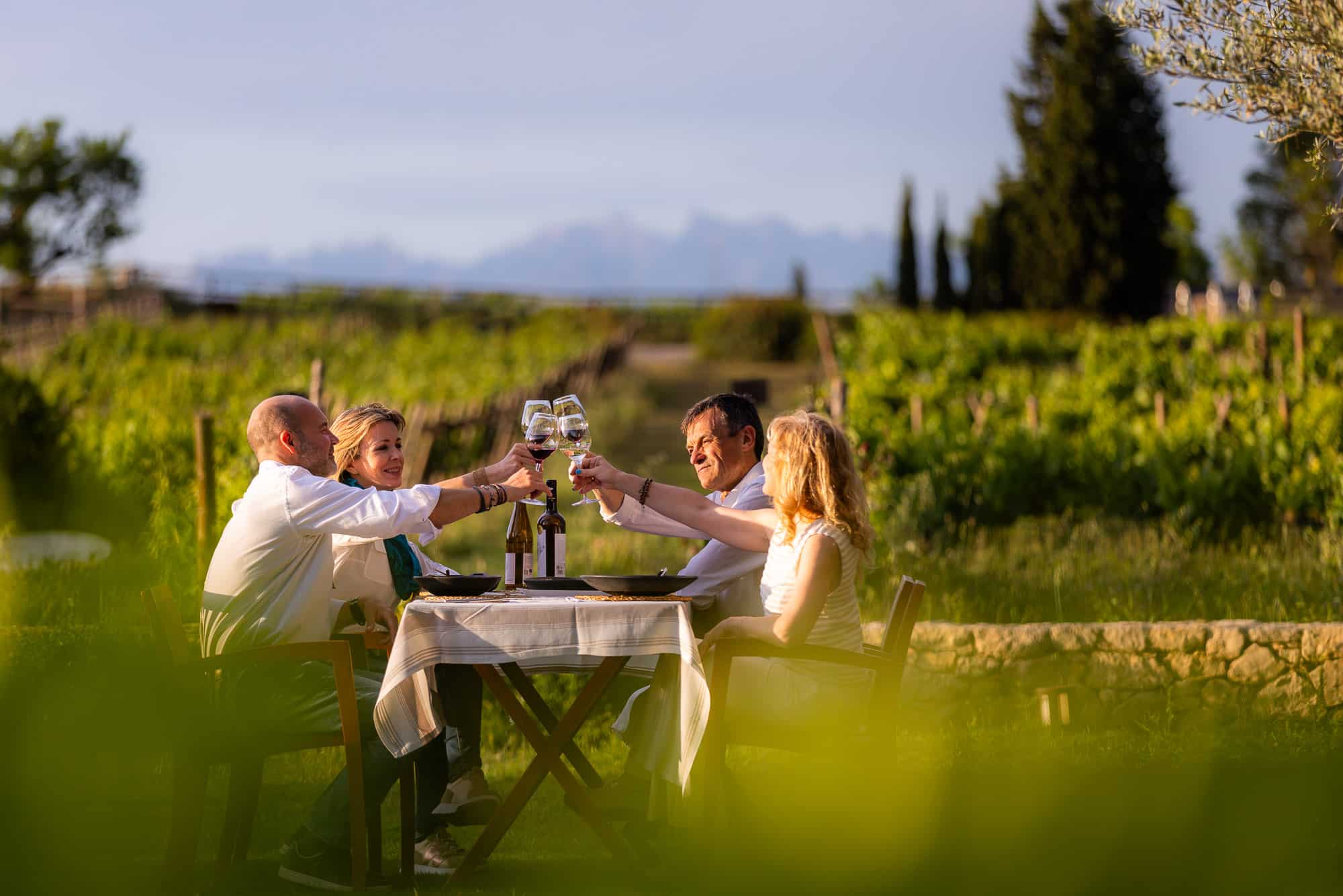 Dos parejas brindan con copas de vino en una mesa situada en un viñedo.