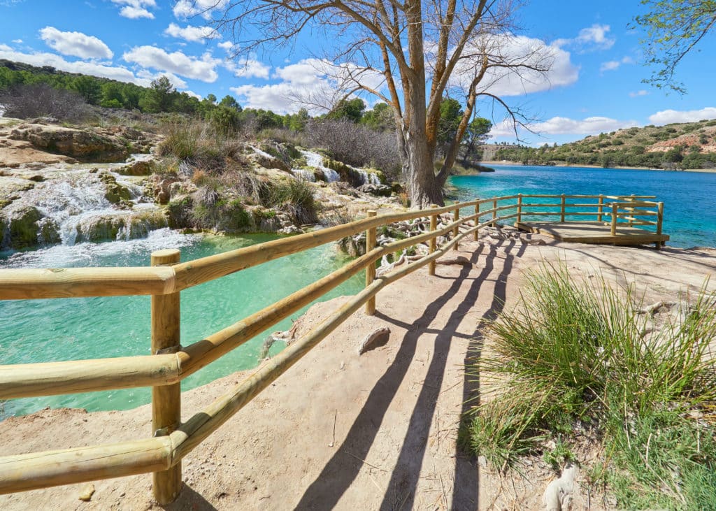 Landscape of the wooden viewpoint of the Laguna Salvadora Lake in the Lagunas de Ruidera Lakes Natural Park, Albacete province, Castilla la Mancha, Spain