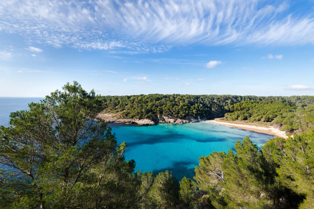 trebaluger beach, abandoned paradise beache in Menorca, a Spanish Mediterranean island, after the covid 19 coronavirus crisis